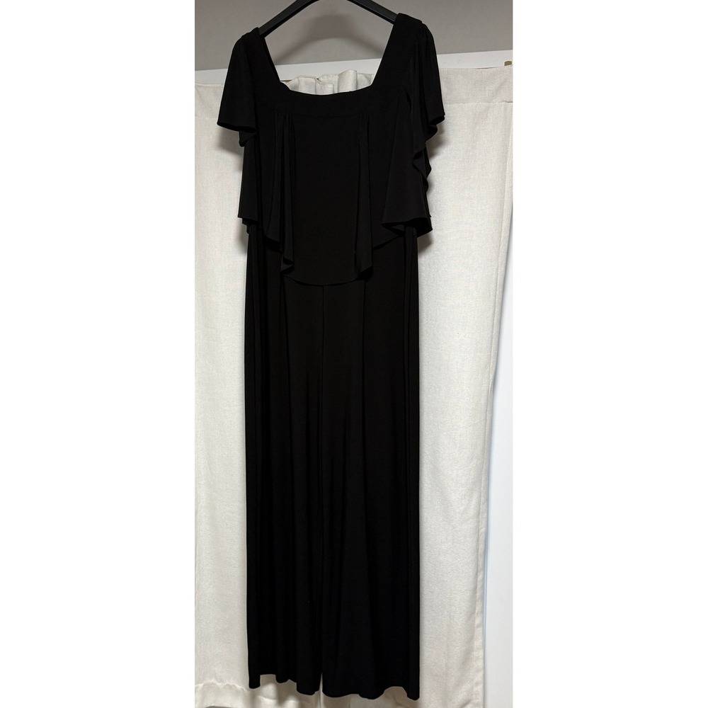 Emma & Michele Black Ruffle Overlay Wide Leg Jumpsuit Square Neck Large